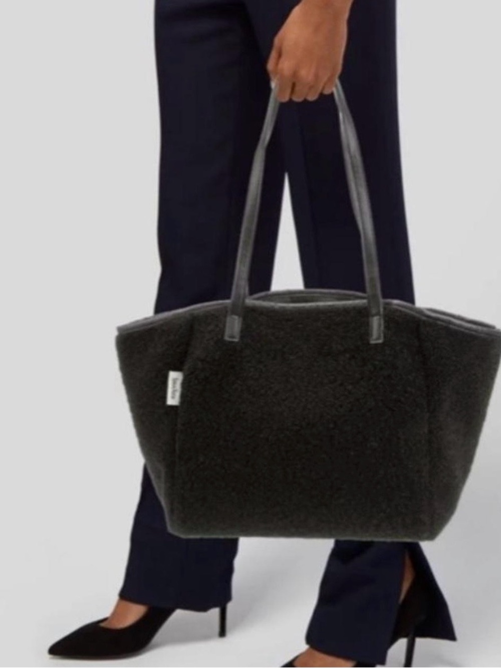 Neiman Marcus Black Faux-Shearling Tote Bag with Vegan Leather-REVERSIBLE